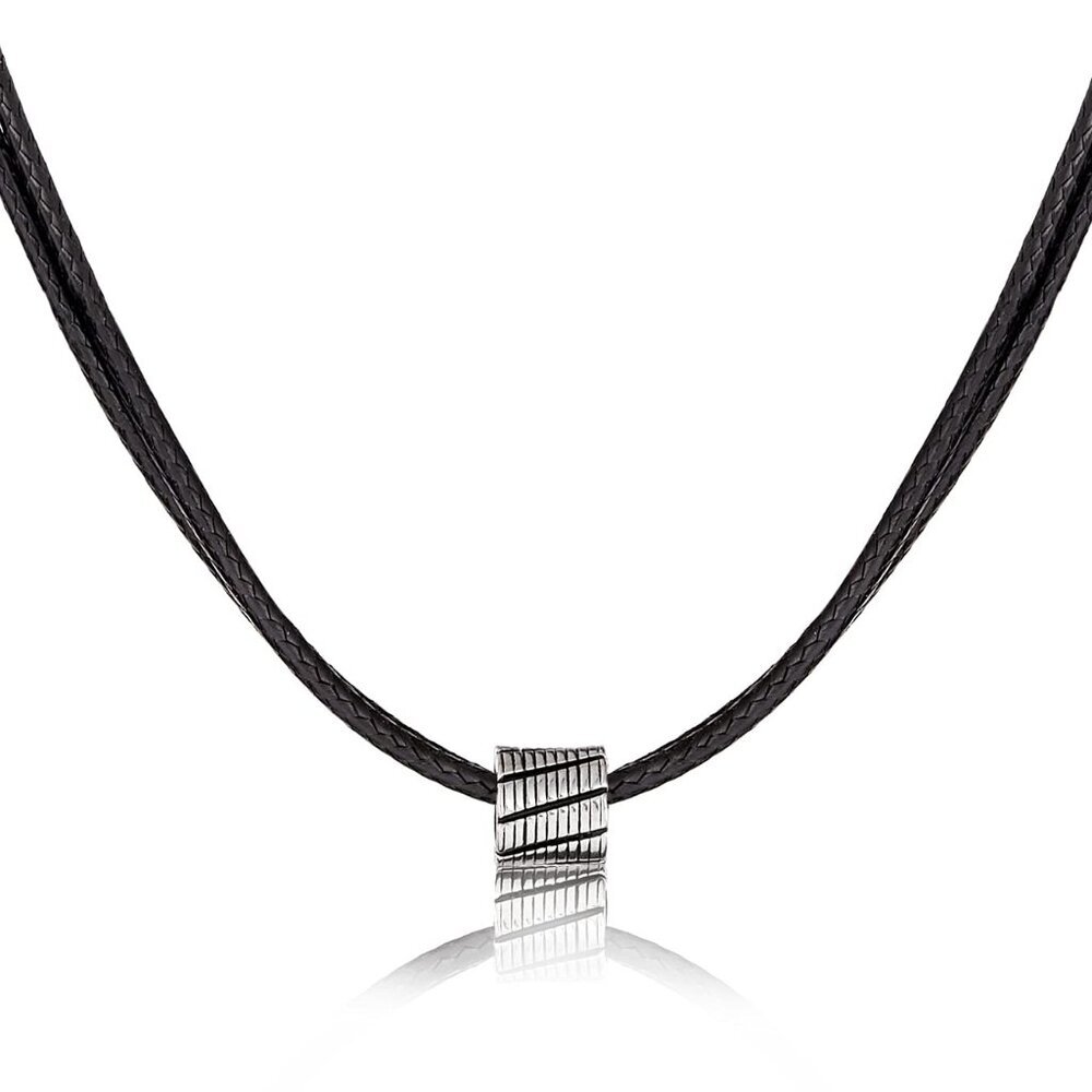 Choker Necklace for Men - Black Leather Cord with Small Stainless Steel Bead Pen